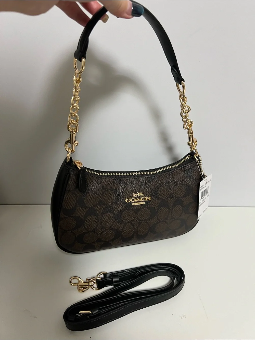 Coach Brown Signature Canvas Shoulder Bag with Black Trim and Gold Hardware